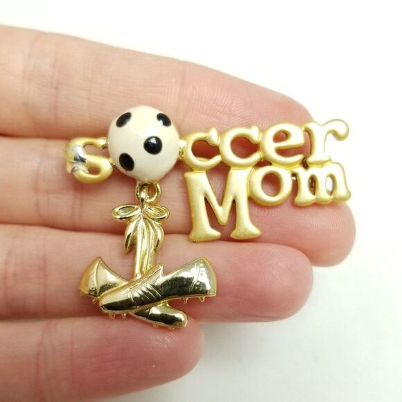 Vintage Soccer Mom Brooch, Gold Tone Enamel Ball and Cleats Lapel Pin, Sports - Picture 1 of 5